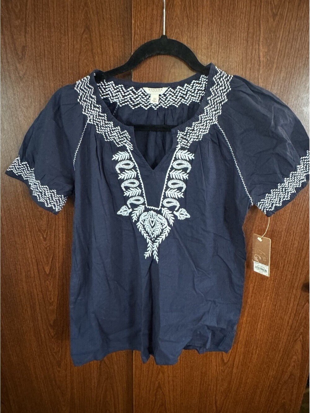 Sonoma Life + Style Women XS Navy Embroidered Boho Peasant Top NWT Cotton